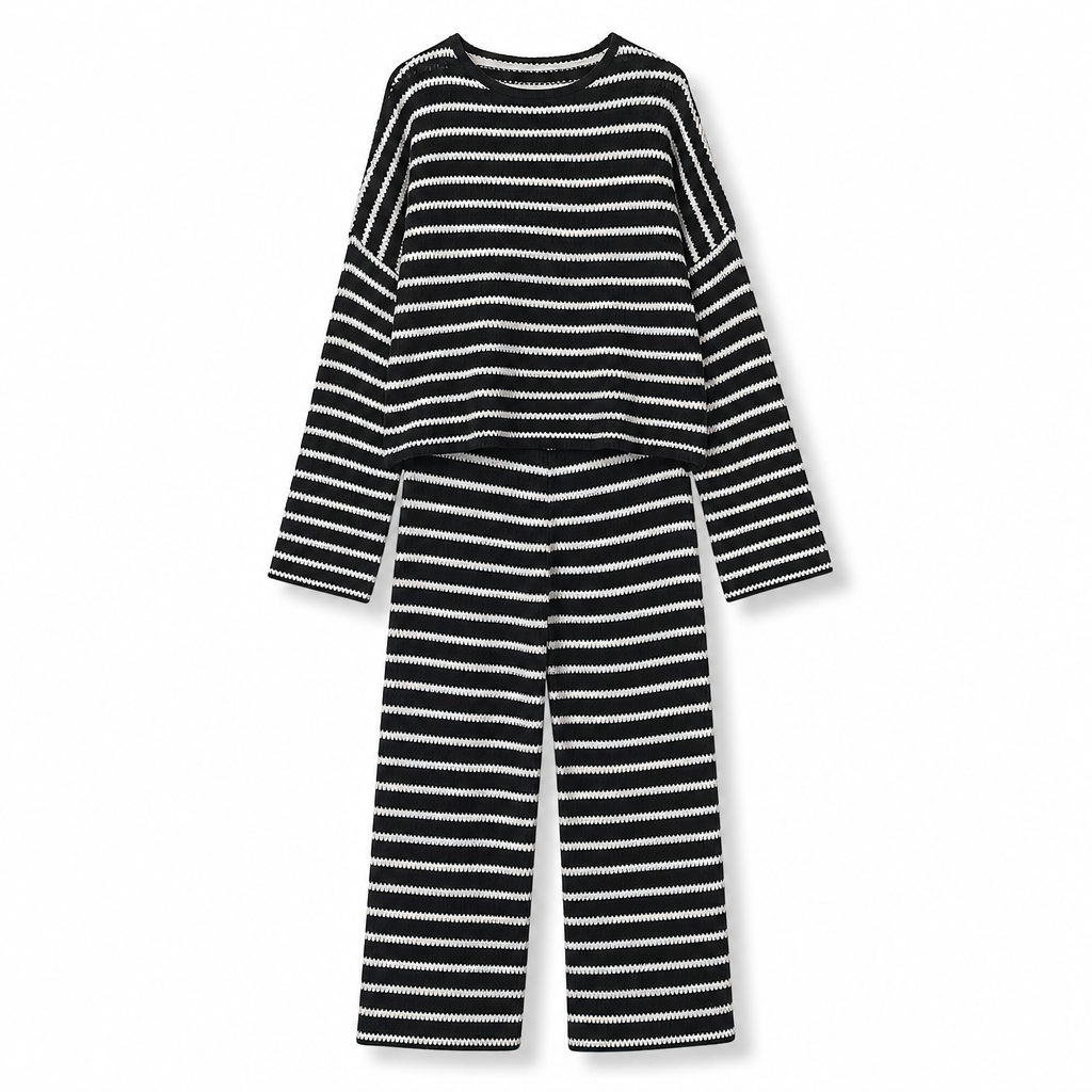 Women Casual Loose Striped Long Sleeve Crew Neck Top and Drawstring Pants Loungewear Set