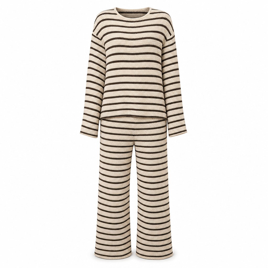 Women Casual Loose Striped Long Sleeve Crew Neck Top and Drawstring Pants Loungewear Set