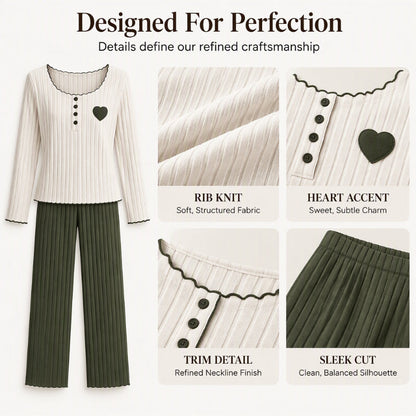 🧸Women's Heart Embroidery Ribbed Pajama Set