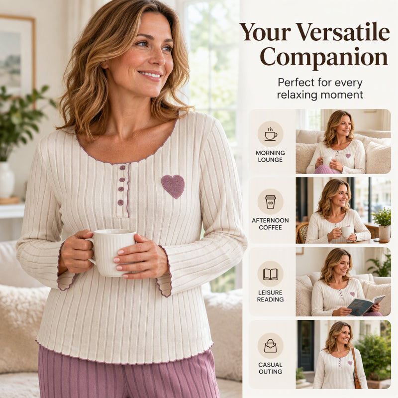 🧸Women's Heart Embroidery Ribbed Pajama Set