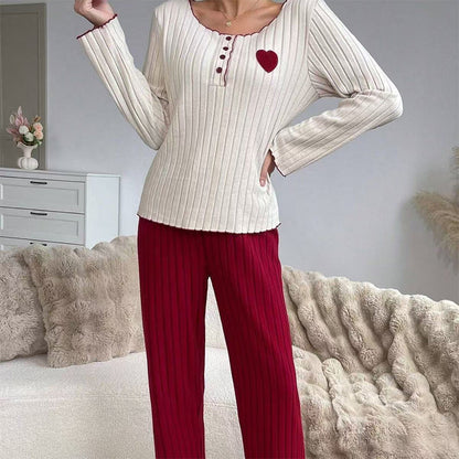 🧸Women's Heart Embroidery Ribbed Pajama Set