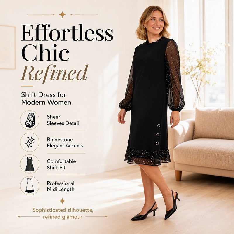 Women's Elegant Dress with Sheer Dotted Sleeves