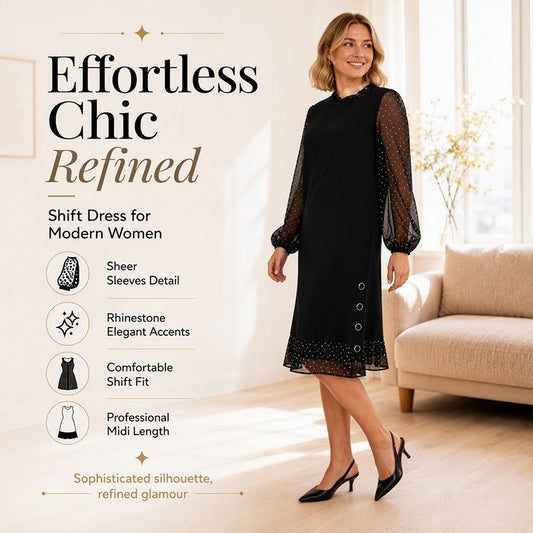 Women's Elegant Dress with Sheer Dotted Sleeves