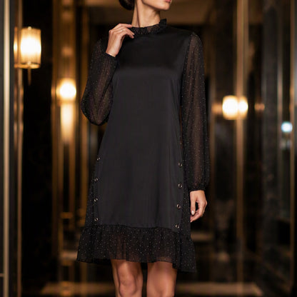 Women's Elegant Dress with Sheer Dotted Sleeves