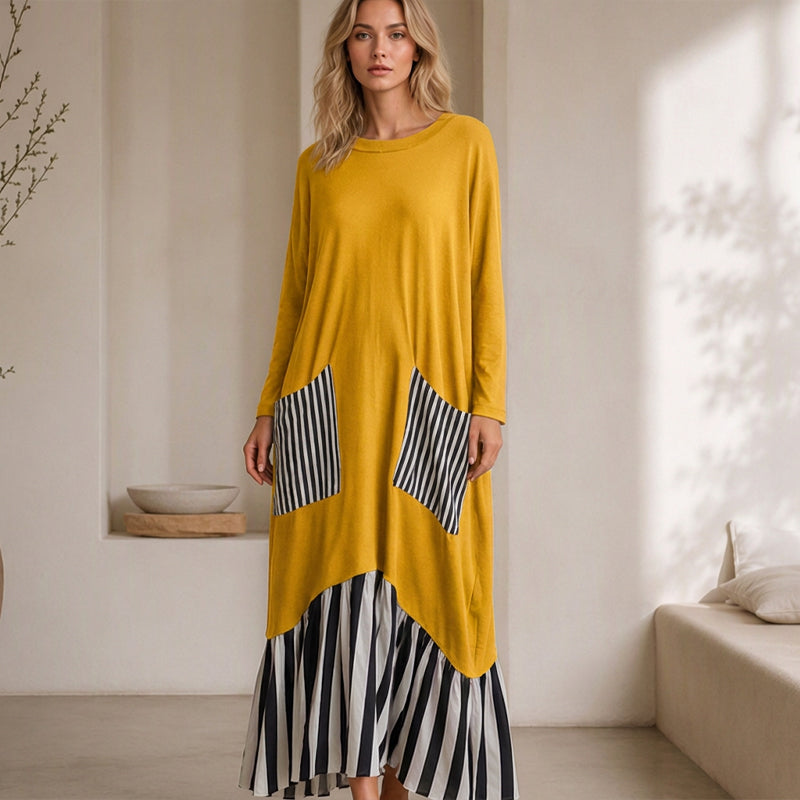 Women's Striped Patchwork Long Sleeve Maxi Dress