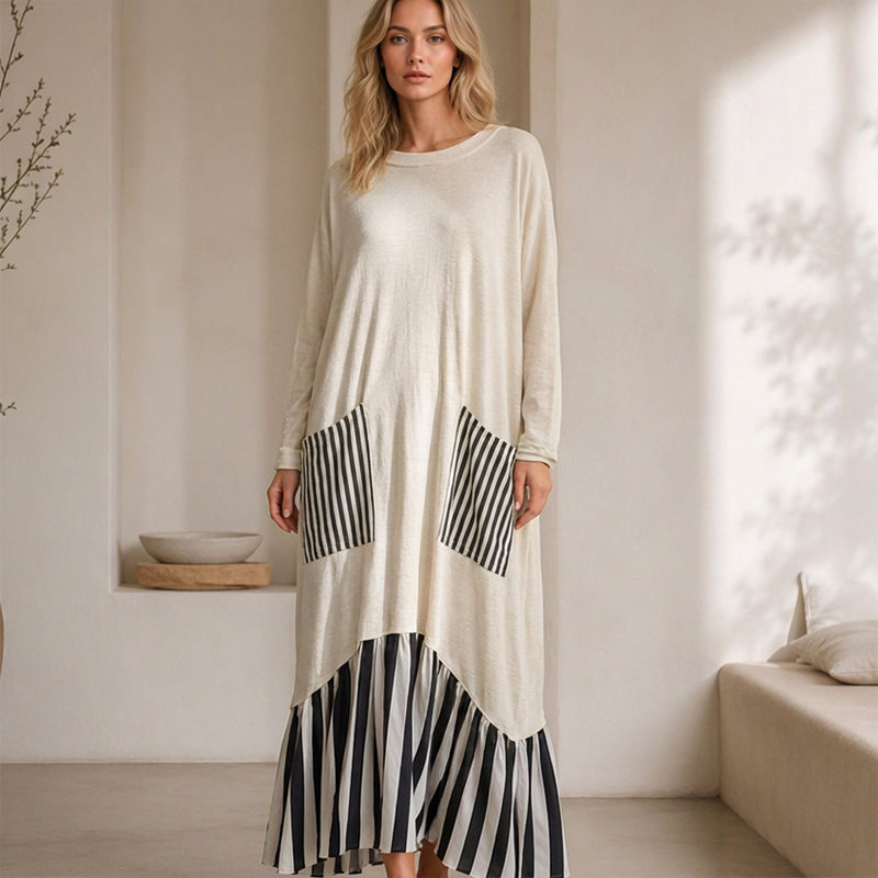 Women's Striped Patchwork Long Sleeve Maxi Dress