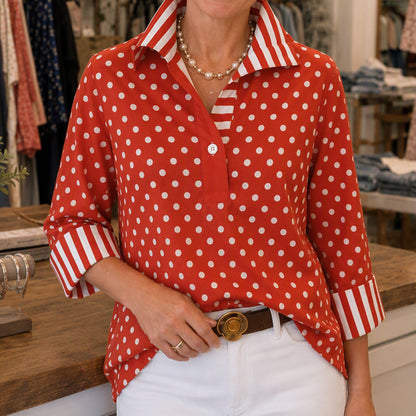 Women's Polka Dot Shirt with Striped Collar