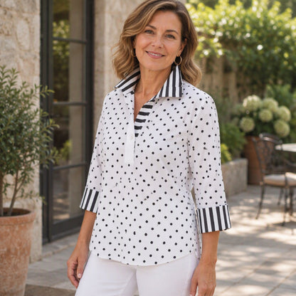 Women's Polka Dot Shirt with Striped Collar
