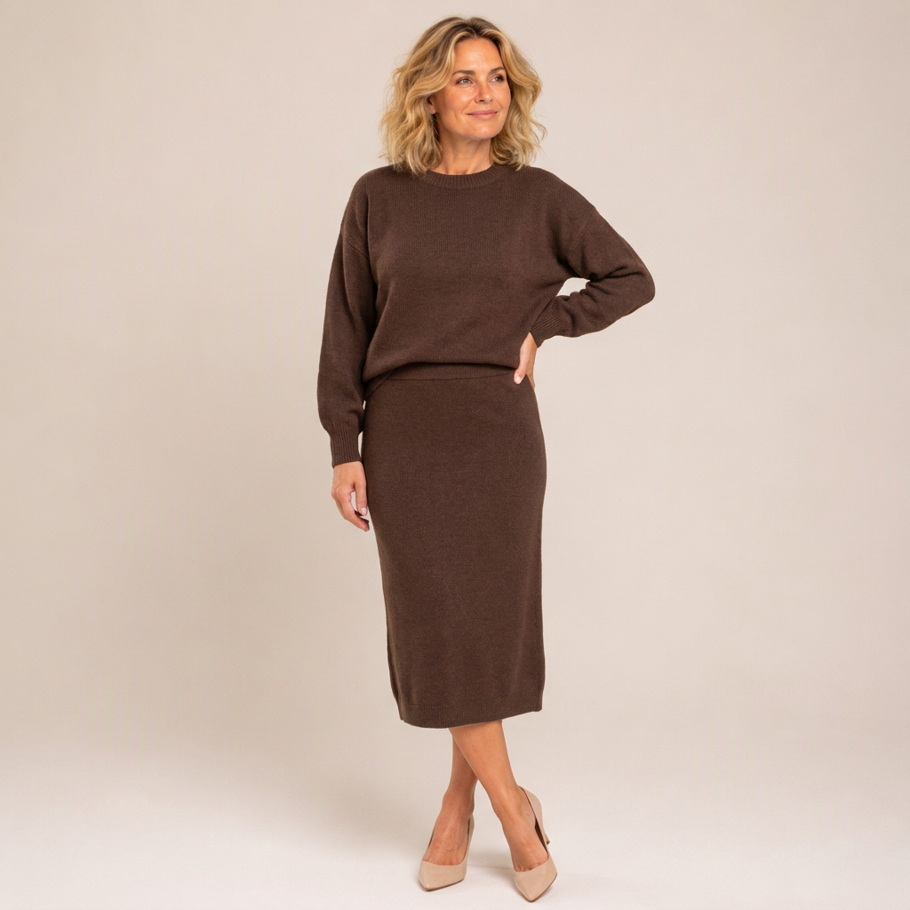 🍁Women's Knit Crewneck Top & Midi Skirt Set