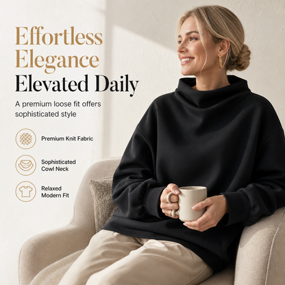 Loose Fit Mock Neck Draped Pullover Sweatshirt with Dropped Shoulders and Long Sleeves