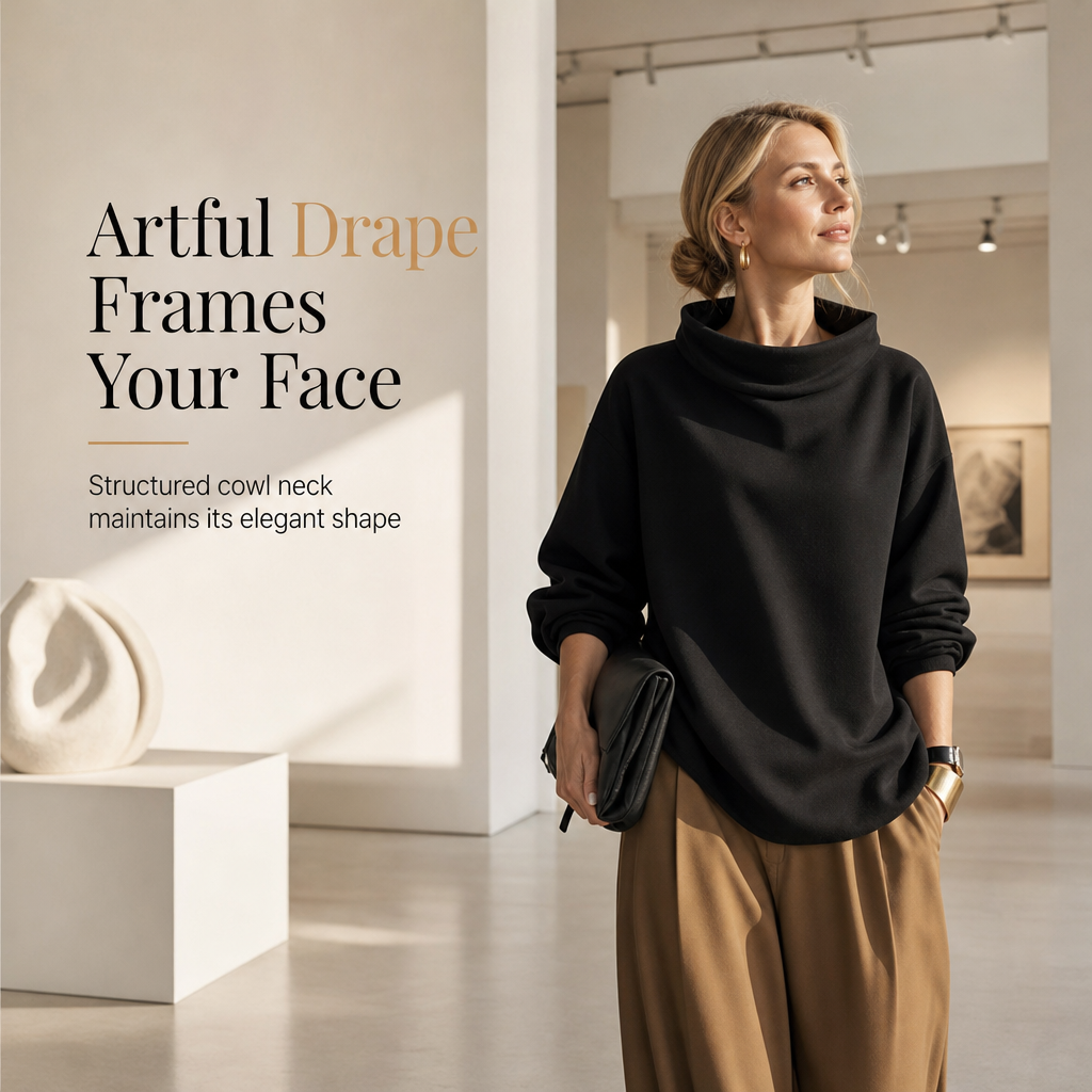 Loose Fit Mock Neck Draped Pullover Sweatshirt with Dropped Shoulders and Long Sleeves