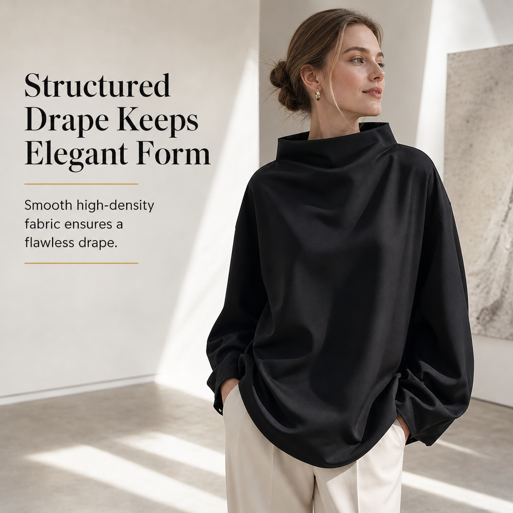 Loose Fit Mock Neck Draped Pullover Sweatshirt with Dropped Shoulders and Long Sleeves