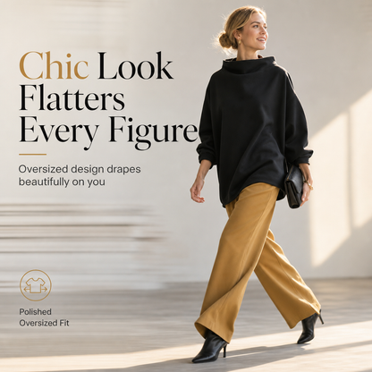 Loose Fit Mock Neck Draped Pullover Sweatshirt with Dropped Shoulders and Long Sleeves