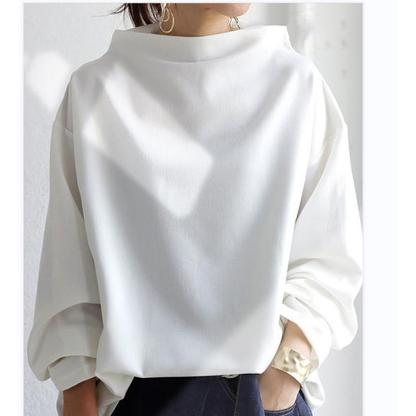 Loose Fit Mock Neck Draped Pullover Sweatshirt with Dropped Shoulders and Long Sleeves