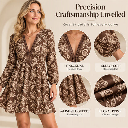 Women's Vintage Floral Print Long Sleeve V-Neck Dress