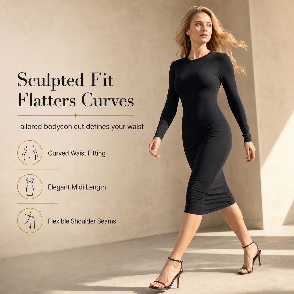 Elegant Long Sleeve Crew Neck Bodycon Dress