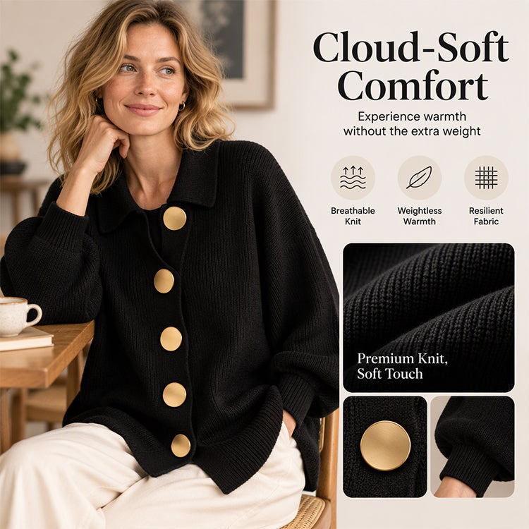 Women's Elegant Lapel Knit Cardigan with Gold Buttons