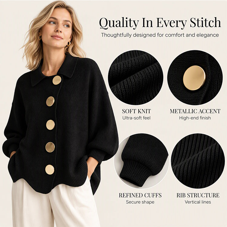 Women's Elegant Lapel Knit Cardigan with Gold Buttons