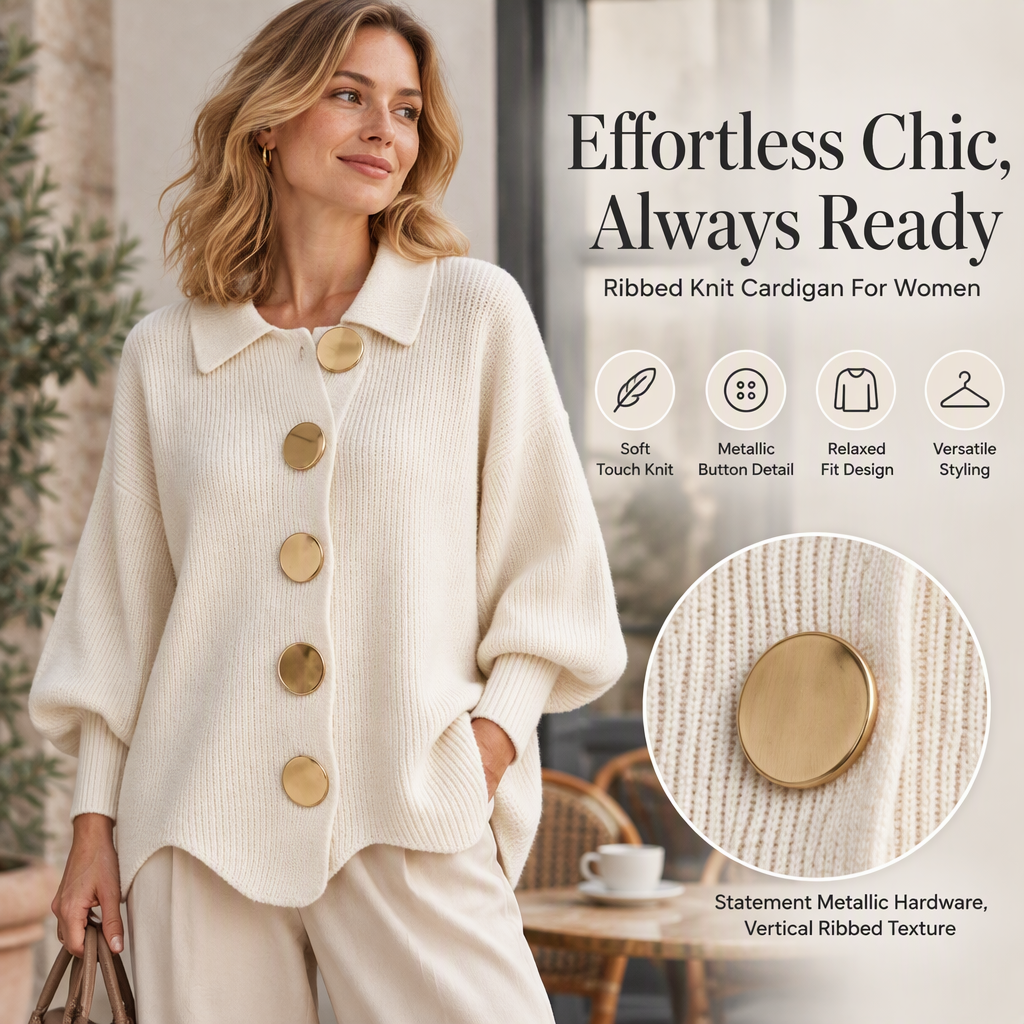 Women's Elegant Lapel Knit Cardigan with Gold Buttons