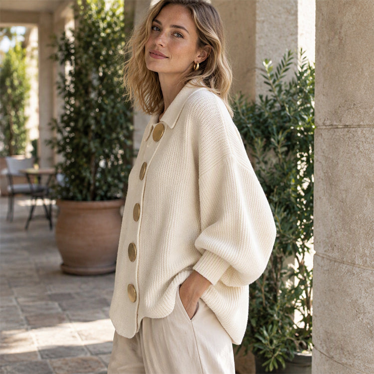 Women's Elegant Lapel Knit Cardigan with Gold Buttons