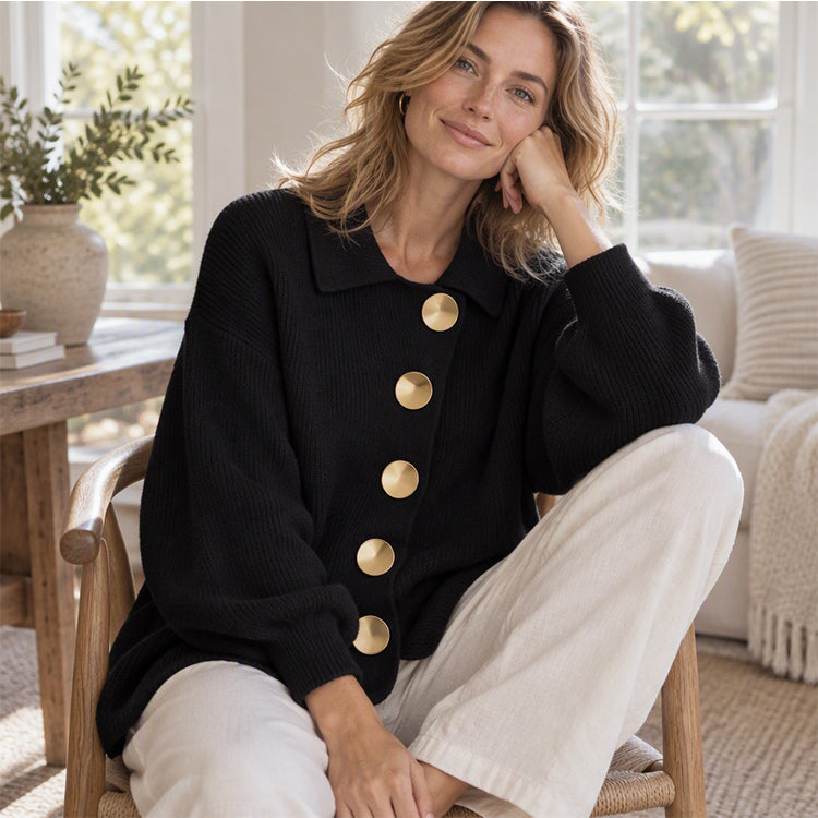 Women's Elegant Lapel Knit Cardigan with Gold Buttons