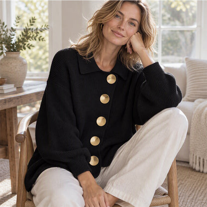 Women's Elegant Lapel Knit Cardigan with Gold Buttons