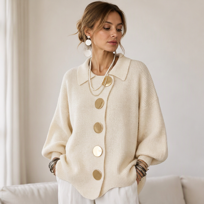 Women's Elegant Lapel Knit Cardigan with Gold Buttons