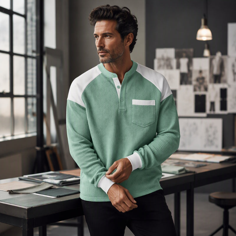 Men's Casual Color-Block Waffle Knit Henley Top