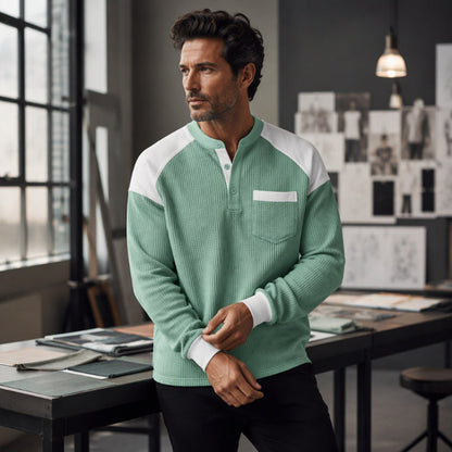 Men's Casual Color-Block Waffle Knit Henley Top