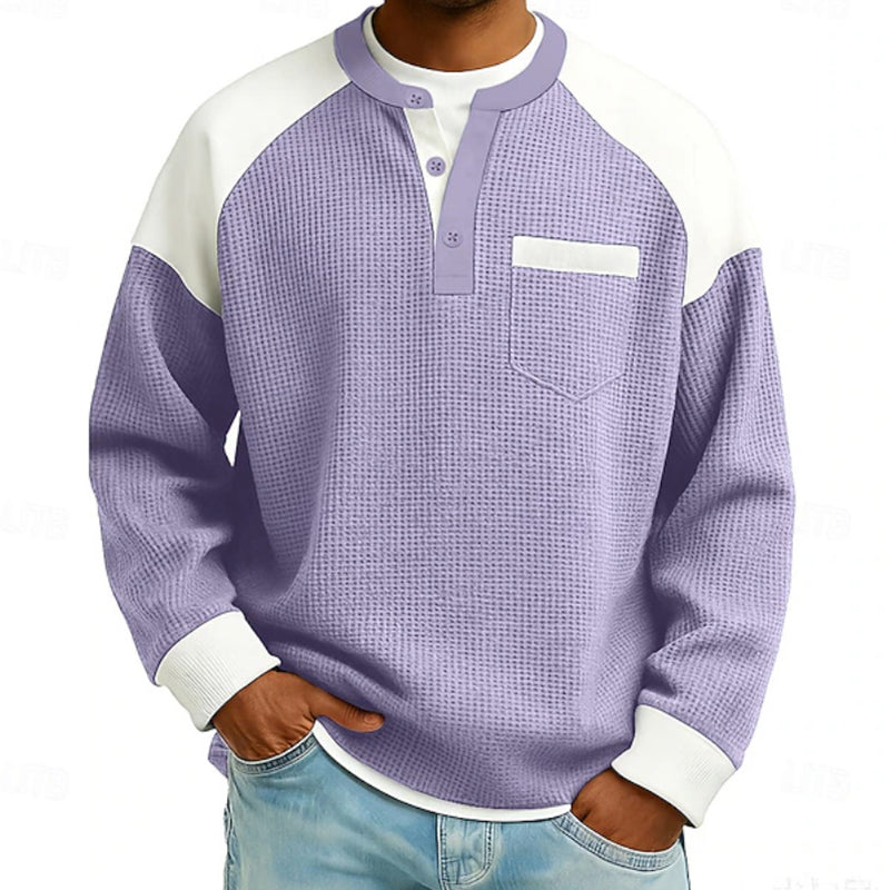 Men's Casual Color-Block Waffle Knit Henley Top