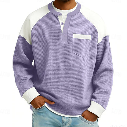 Men's Casual Color-Block Waffle Knit Henley Top