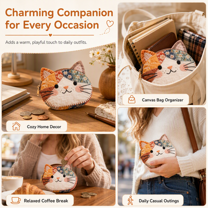 Cute Patchwork Cat Mini Coin Purse and Portable Card Holder Small Creative Pouch for Girls