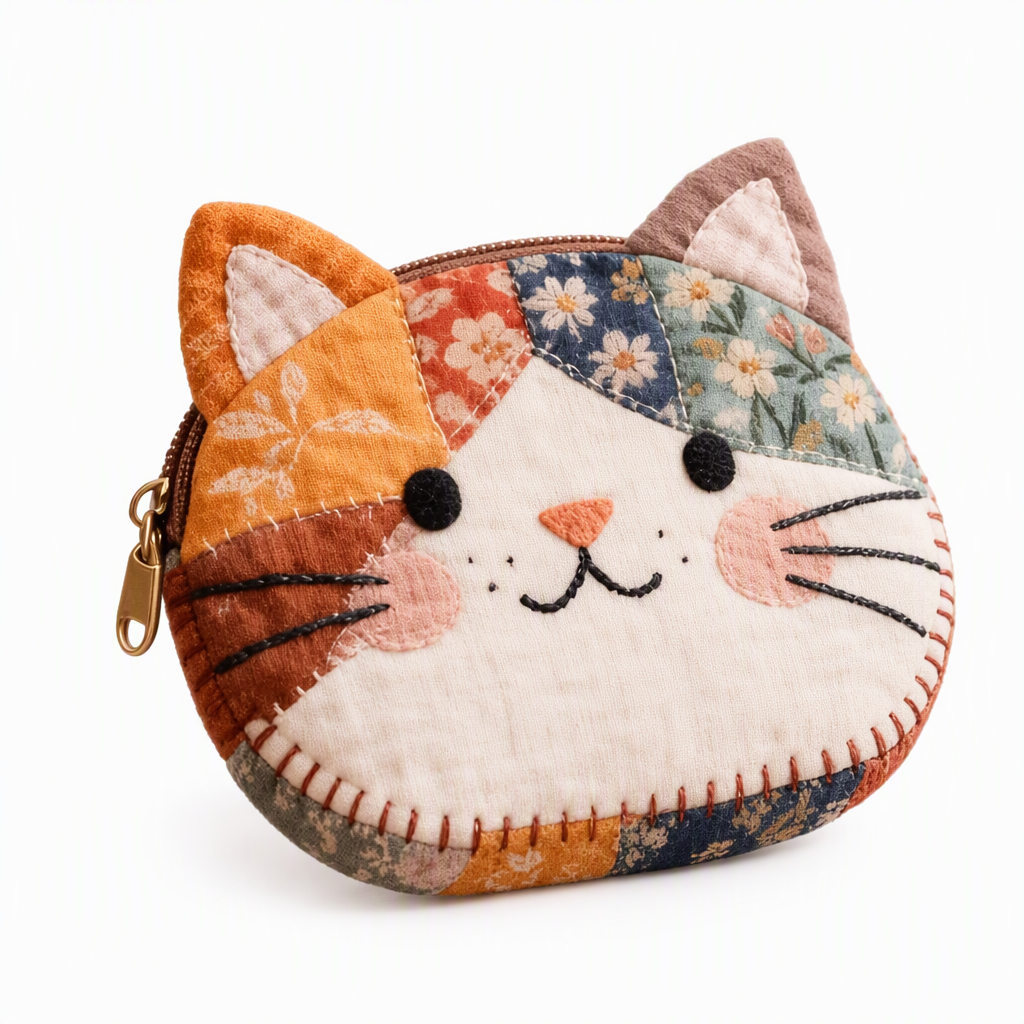 Cute Patchwork Cat Mini Coin Purse and Portable Card Holder Small Creative Pouch for Girls
