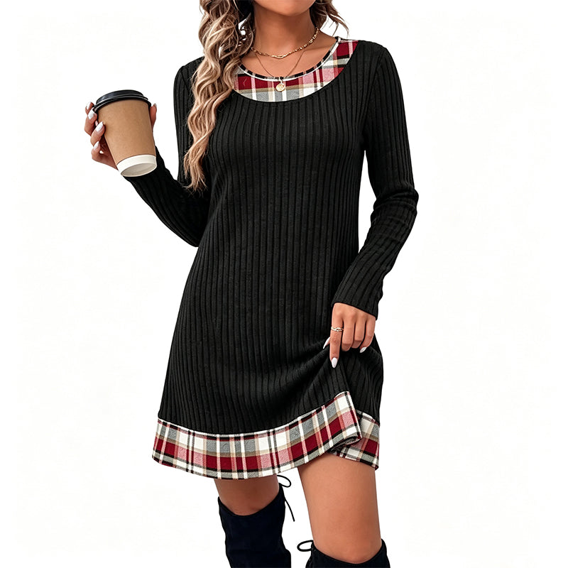 👗 Eye-Catching Pattern Mix, Soft Everyday Comfort | Women's Casual Plaid Patchwork Knit Dress