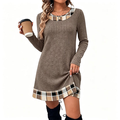 👗 Eye-Catching Pattern Mix, Soft Everyday Comfort | Women's Casual Plaid Patchwork Knit Dress