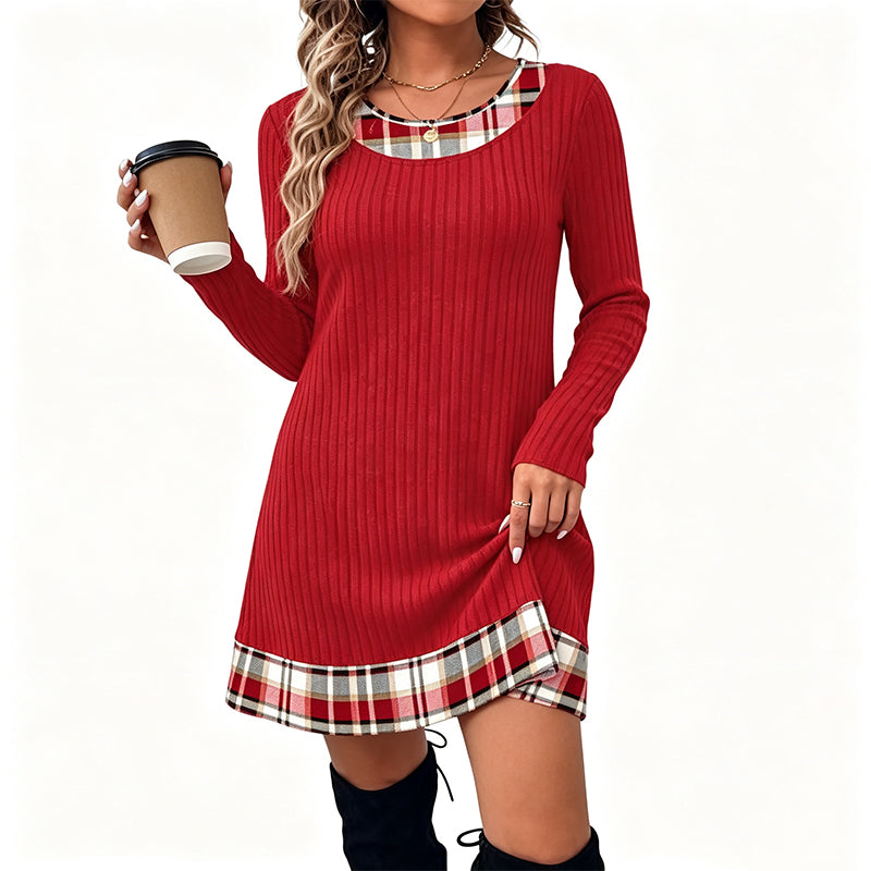 👗 Eye-Catching Pattern Mix, Soft Everyday Comfort | Women's Casual Plaid Patchwork Knit Dress