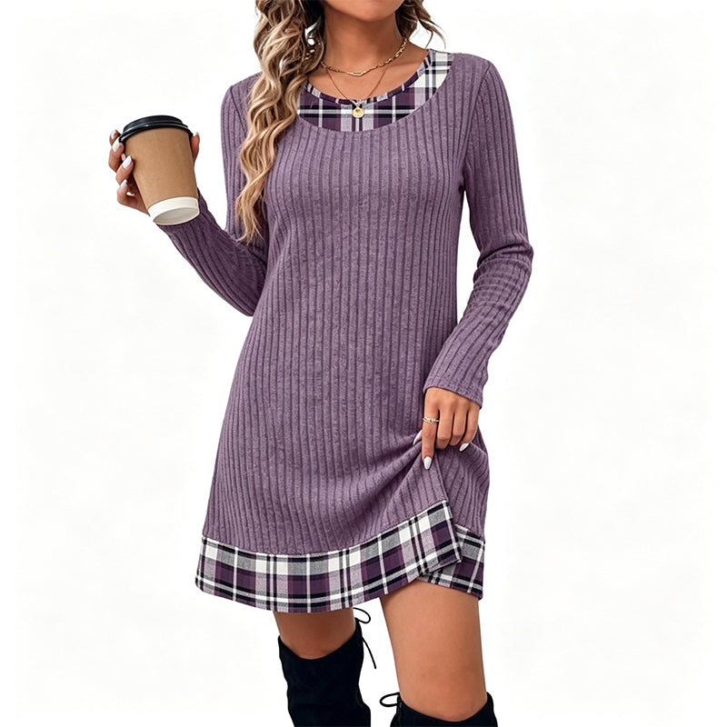 👗 Eye-Catching Pattern Mix, Soft Everyday Comfort | Women's Casual Plaid Patchwork Knit Dress