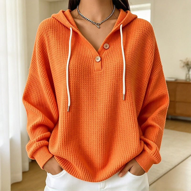 🧶 Textured Comfort, Cozy Head Coverage | Women's Waffle Knit Henley Hooded Sweatshirt