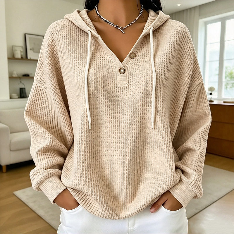 🧶 Textured Comfort, Cozy Head Coverage | Women's Waffle Knit Henley Hooded Sweatshirt