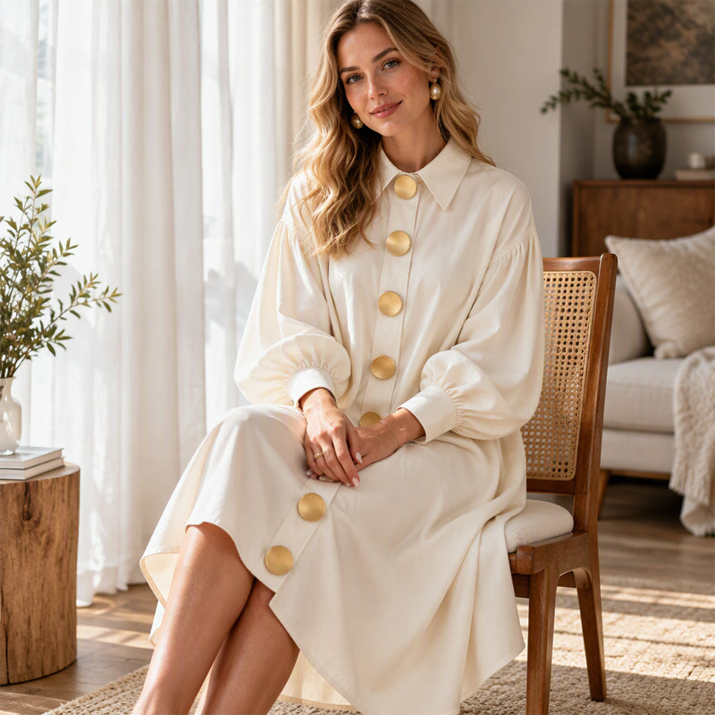 ✨ Retro Charm, Feminine Sleeve Volume | Women's Vintage Button Up Dress with Bubble Sleeves