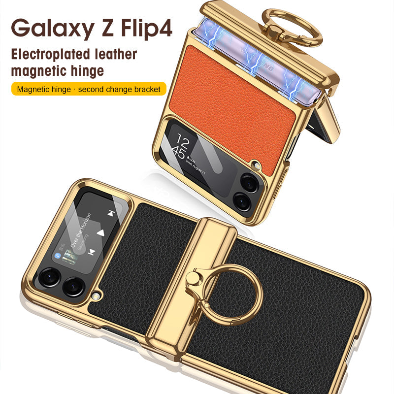 Electroplated Leather Magnetic Hinge Phone Case For Samsung Galaxy Z Flip4 Flip3 5G