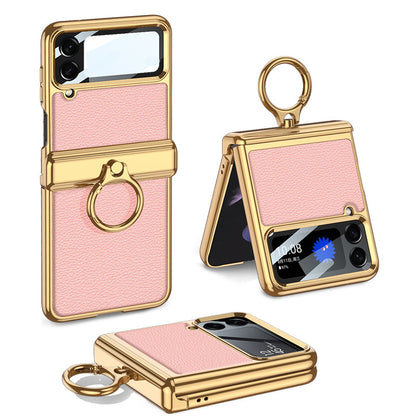 Electroplated Leather Magnetic Hinge Phone Case For Samsung Galaxy Z Flip4 Flip3 5G